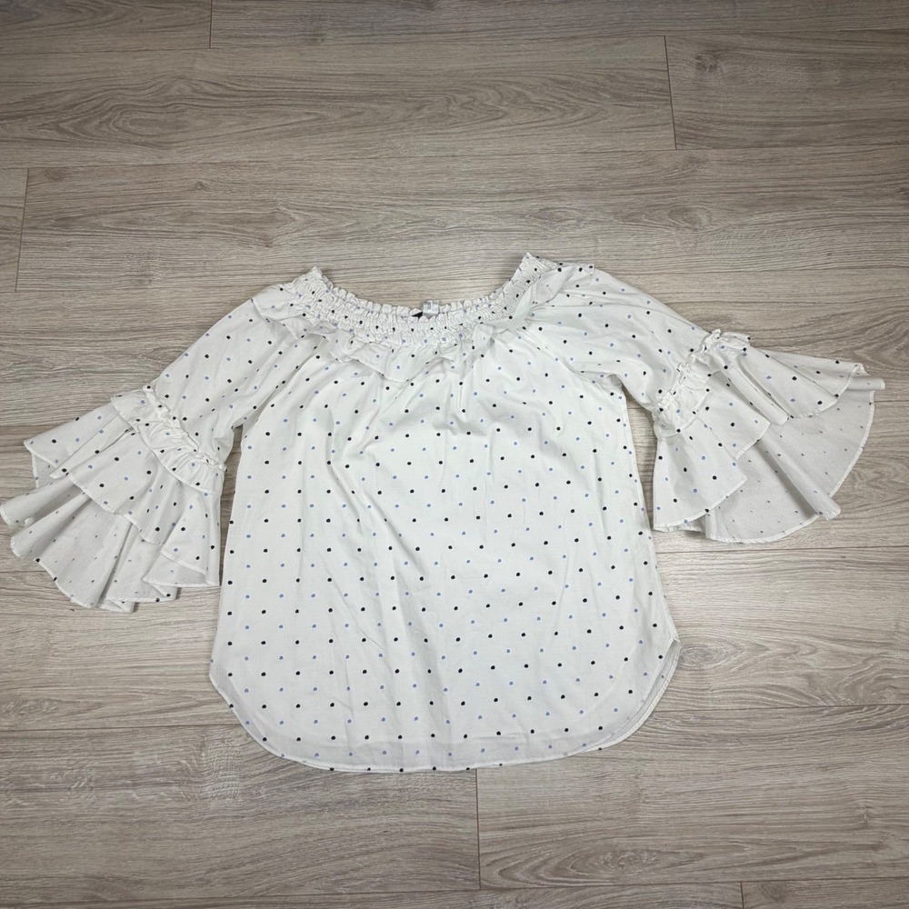 Sara Campbell Off The Shoulder Polka Dot Ruffle Sleeve Blouse White Blue Medium